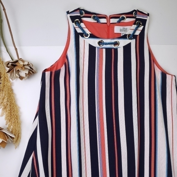 🔴 Badgley Mischka Belle Blue Coral Stripe Rope Collar Dress Size 2 - Picture 3 of 12